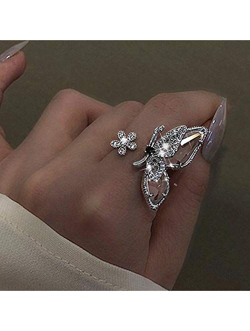 EVILD Butterfly Sparkly Ring Rhinestone Bow-Knot Knuckle Ring Wedding Jewelry Adjustable Open Ring Expandable Joint Ring for Women and Girls