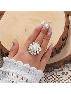 Hebelee Vintage CZ Flower Pearl Statement Ring for Women Girls Gold Plated Adjustable Expandable Cubic Zirconia Imitation Pearls Open Wrap Promise Engagement Rings Comfor