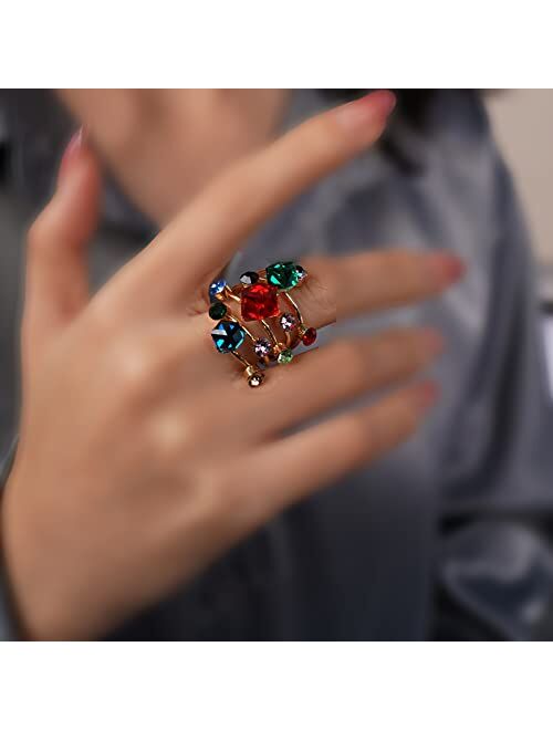 YERTTER Boho Colorful Crystal Ring Spring Flower Ring Floral Cluster Stretch Ring Sparkly Rhinestone Crystal Statement Ring Gift for Teens