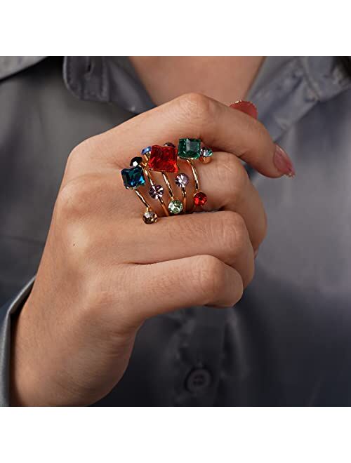 YERTTER Boho Colorful Crystal Ring Spring Flower Ring Floral Cluster Stretch Ring Sparkly Rhinestone Crystal Statement Ring Gift for Teens