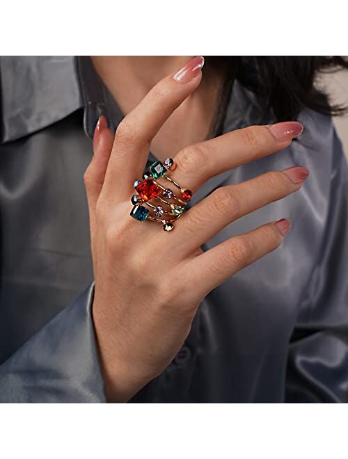 YERTTER Boho Colorful Crystal Ring Spring Flower Ring Floral Cluster Stretch Ring Sparkly Rhinestone Crystal Statement Ring Gift for Teens