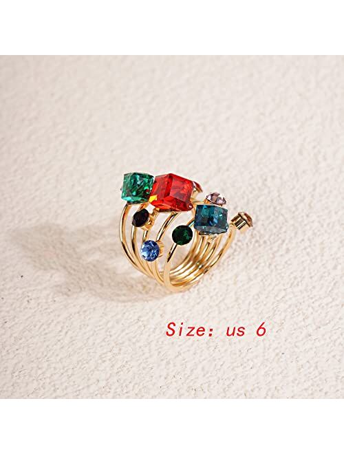 YERTTER Boho Colorful Crystal Ring Spring Flower Ring Floral Cluster Stretch Ring Sparkly Rhinestone Crystal Statement Ring Gift for Teens