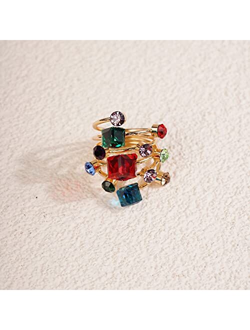 YERTTER Boho Colorful Crystal Ring Spring Flower Ring Floral Cluster Stretch Ring Sparkly Rhinestone Crystal Statement Ring Gift for Teens