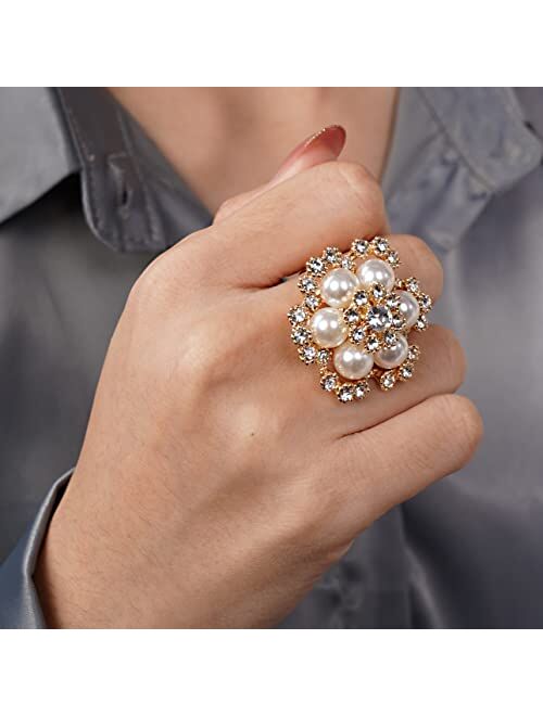 YERTTER Boho Gold Oversized Pearl Rhinestone Crystal Flower Ring Women Statement Ring Adjustable Ring Boho Pearl Ring Vintage Finger Knuckle Ring Gift for Women Girls