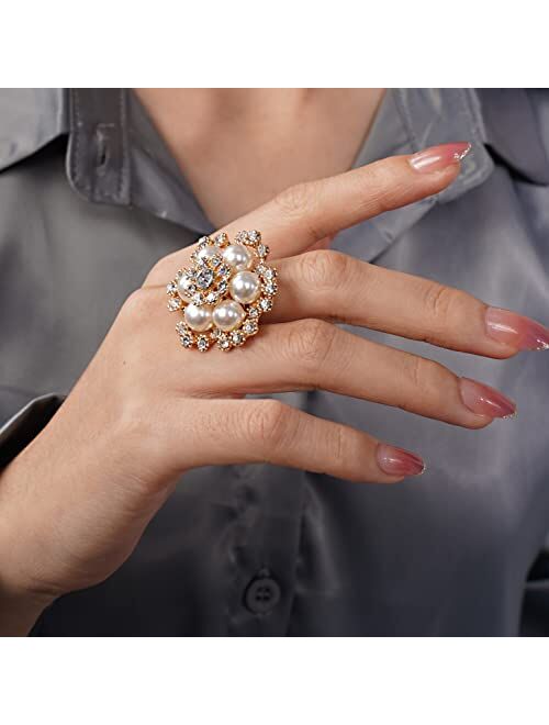 YERTTER Boho Gold Oversized Pearl Rhinestone Crystal Flower Ring Women Statement Ring Adjustable Ring Boho Pearl Ring Vintage Finger Knuckle Ring Gift for Women Girls