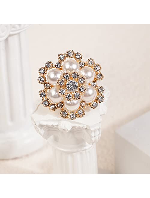 YERTTER Boho Gold Oversized Pearl Rhinestone Crystal Flower Ring Women Statement Ring Adjustable Ring Boho Pearl Ring Vintage Finger Knuckle Ring Gift for Women Girls