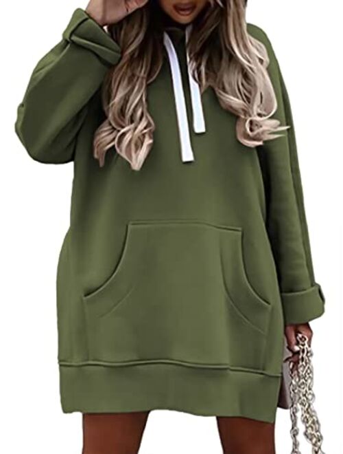 Syellowafter Women Oversized Hoodie Dress Pullover Winter Kangaroo Pocket Sweatshirt Fall Tops Casual Loungewear