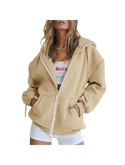 Huchpi Oversized Zip Up Hoodie Womens Long Sleeve Hoodie Sweatshirts Lightweight Pullover Tops Cotton Sweatshirt Dress