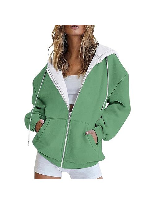 Huchpi Oversized Zip Up Hoodie Womens Long Sleeve Hoodie Sweatshirts Lightweight Pullover Tops Cotton Sweatshirt Dress