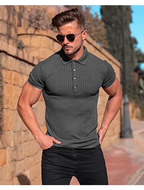 Onzcy Muscle Polo Shirts for Men Short Sleeve Slim Fit Golf Shirts for Men Casual Dry Fit T Shirts Ribbed Knit Bowling Shirts