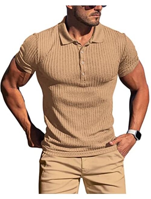 Onzcy Muscle Polo Shirts for Men Short Sleeve Slim Fit Golf Shirts for Men Casual Dry Fit T Shirts Ribbed Knit Bowling Shirts