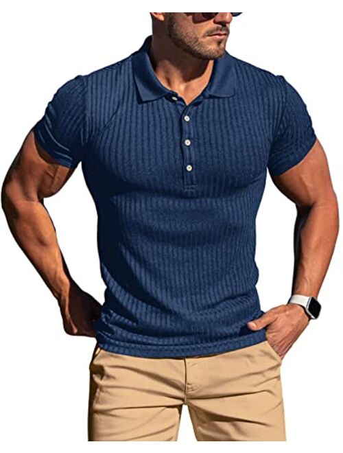 Onzcy Muscle Polo Shirts for Men Short Sleeve Slim Fit Golf Shirts for Men Casual Dry Fit T Shirts Ribbed Knit Bowling Shirts