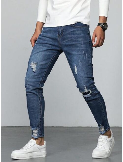 Manfinity LEGND Men Cotton Ripped Frayed Skinny Jeans