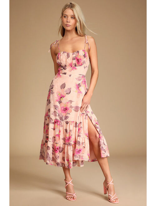 Lulus Tea Party Chic Pink Floral Print Tie-Strap Tiered Midi Dress