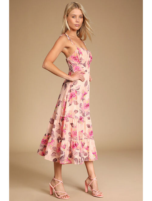 Lulus Tea Party Chic Pink Floral Print Tie-Strap Tiered Midi Dress