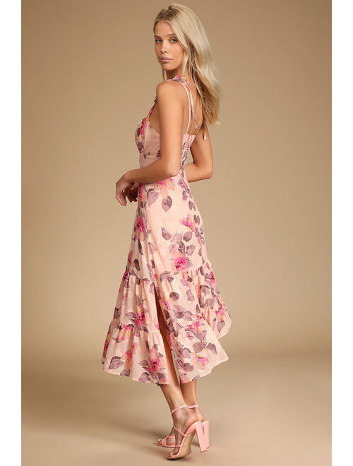 Lulus Tea Party Chic Pink Floral Print Tie-Strap Tiered Midi Dress