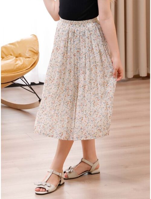 Shein Tween Girl Bohemian Chiffon Pleated Elastic Waist A-Line Swing Long Skirt Suitable For Leisure Outdoor Shopping Walk Back To School Dinner Party