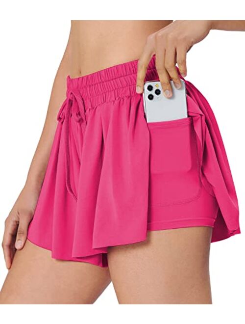 JGS1996 2 in 1 Flowy Shorts for Women High Waisted Butterfly Shorts Athletic Workout Biker Casual Pleated Summer Skirts