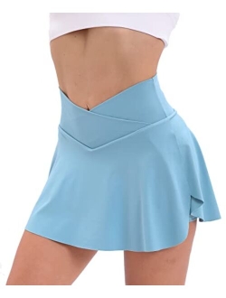 Pleated Tennis Skirt with Pockets Shorts for Women Crossover High Waisted Athletic Golf Skorts Summer Mini Skirts