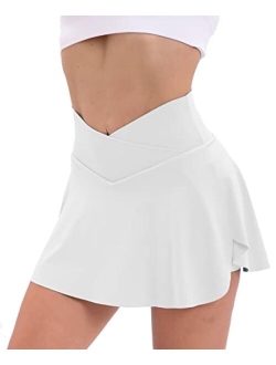 Pleated Tennis Skirt with Pockets Shorts for Women Crossover High Waisted Athletic Golf Skorts Summer Mini Skirts