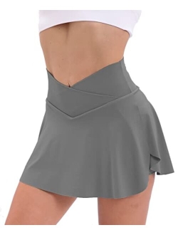 Pleated Tennis Skirt with Pockets Shorts for Women Crossover High Waisted Athletic Golf Skorts Summer Mini Skirts