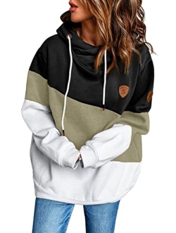 Happy Sailed Womens Cowl Neck Pullover Hoodie Casual Color Block Long Sleeve Drawstring Sweatshirt Jumper Tunic Tops S-2XL