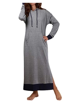 Jacansi Women's Long Sleeve Solid Loose Hooded Sweatshirt Maxi Dress with Pocket