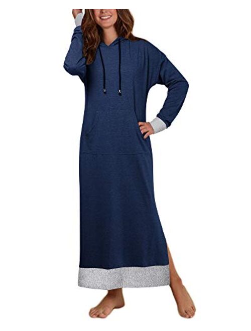 Jacansi Women's Long Sleeve Solid Loose Hooded Sweatshirt Maxi Dress with Pocket