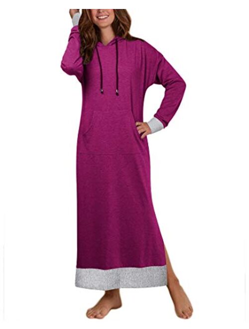 Jacansi Women's Long Sleeve Solid Loose Hooded Sweatshirt Maxi Dress with Pocket