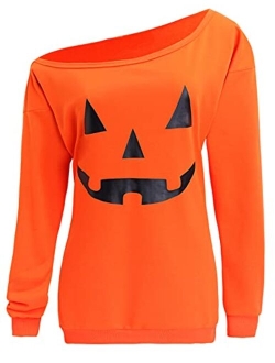 TWKIOUE Women Halloween Pullover Shirts Slouchy Pumpkin Long Sleeve Sweatshirts Off Shoulder Tops