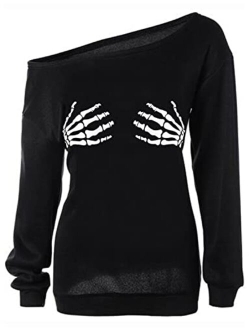 TWKIOUE Women Halloween Pullover Shirts Slouchy Pumpkin Long Sleeve Sweatshirts Off Shoulder Tops