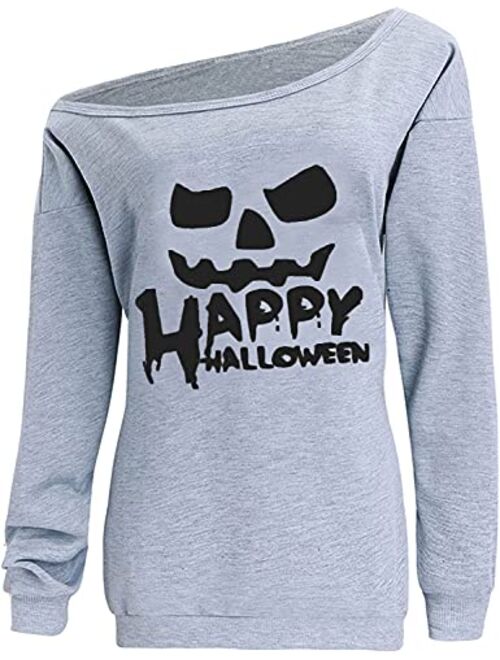 TWKIOUE Women Halloween Pullover Shirts Slouchy Pumpkin Long Sleeve Sweatshirts Off Shoulder Tops