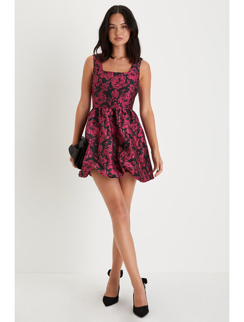 Lulus Posh Invite Black Floral Jacquard Square Neck Corset Mini Dress