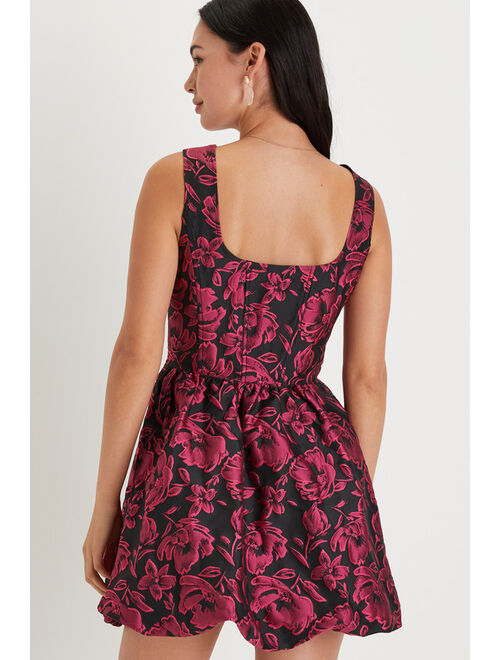 Lulus Posh Invite Black Floral Jacquard Square Neck Corset Mini Dress