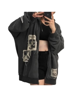 Wgooyheya Women Y2K Portrait Print Hoodie Crop Tops Long Sleeve Zipper Cardigan Sweatshirt with Pocket