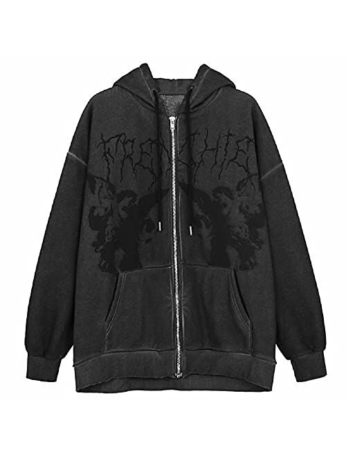 Wgooyheya Women Y2K Portrait Print Hoodie Crop Tops Long Sleeve Zipper Cardigan Sweatshirt with Pocket