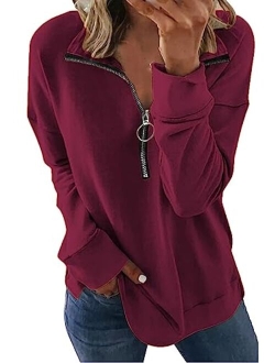 SMENG Women's quarter zip pullover Long Sleeve Sweatshirts women Fashion solid color clothes Tops