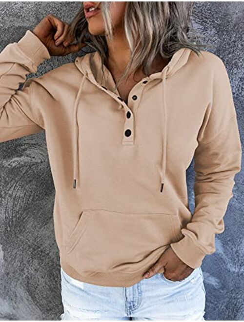 Vivitulip Women's Pullover Hoodies Tops Casual Button Down Long Sleeve Sweatshirts With Pocket