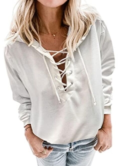 FARYSAYS Women's 2022 Casual Hoodies V Neck Lace Up Criss Cross Long Sleeve Drawstring Pullover Sweatshirts Tops