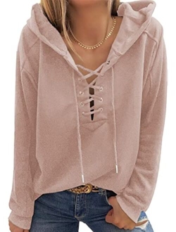 FARYSAYS Women's 2022 Casual Hoodies V Neck Lace Up Criss Cross Long Sleeve Drawstring Pullover Sweatshirts Tops