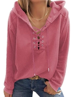 FARYSAYS Women's 2022 Casual Hoodies V Neck Lace Up Criss Cross Long Sleeve Drawstring Pullover Sweatshirts Tops