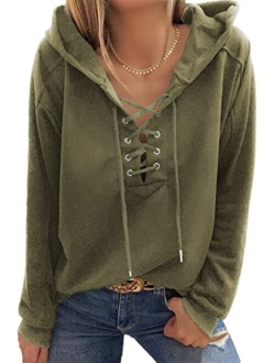 FARYSAYS Women's 2022 Casual Hoodies V Neck Lace Up Criss Cross Long Sleeve Drawstring Pullover Sweatshirts Tops