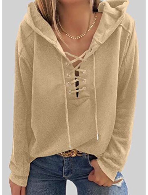 FARYSAYS Women's 2022 Casual Hoodies V Neck Lace Up Criss Cross Long Sleeve Drawstring Pullover Sweatshirts Tops