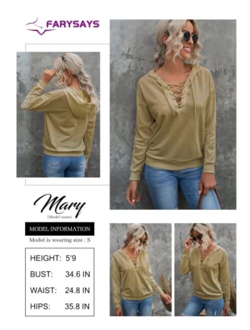 FARYSAYS Women's 2022 Casual Hoodies V Neck Lace Up Criss Cross Long Sleeve Drawstring Pullover Sweatshirts Tops