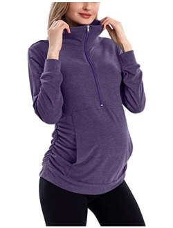 GINKANA Maternity Women's Long Sleeve Shirt Half Zipper Lapel Lightweight Casual Maternity Pullover with Pockets