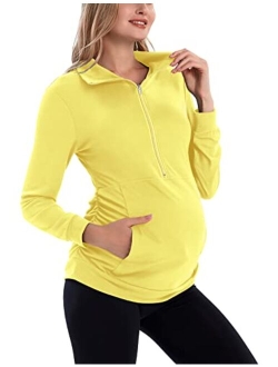 GINKANA Maternity Women's Long Sleeve Shirt Half Zipper Lapel Lightweight Casual Maternity Pullover with Pockets