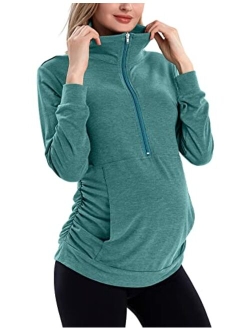 GINKANA Maternity Women's Long Sleeve Shirt Half Zipper Lapel Lightweight Casual Maternity Pullover with Pockets