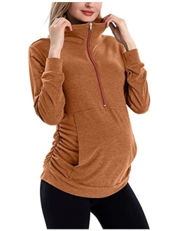 GINKANA Maternity Women's Long Sleeve Shirt Half Zipper Lapel Lightweight Casual Maternity Pullover with Pockets