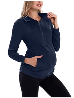 GINKANA Maternity Women's Long Sleeve Shirt Half Zipper Lapel Lightweight Casual Maternity Pullover with Pockets