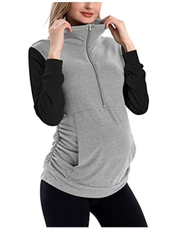 GINKANA Maternity Women's Long Sleeve Shirt Half Zipper Lapel Lightweight Casual Maternity Pullover with Pockets